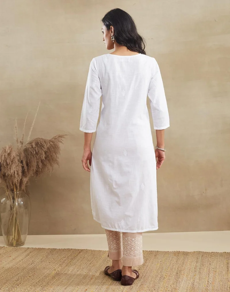 Fabindia  White Cotton Chikankari Long Kurta for Women | Best Price UAE