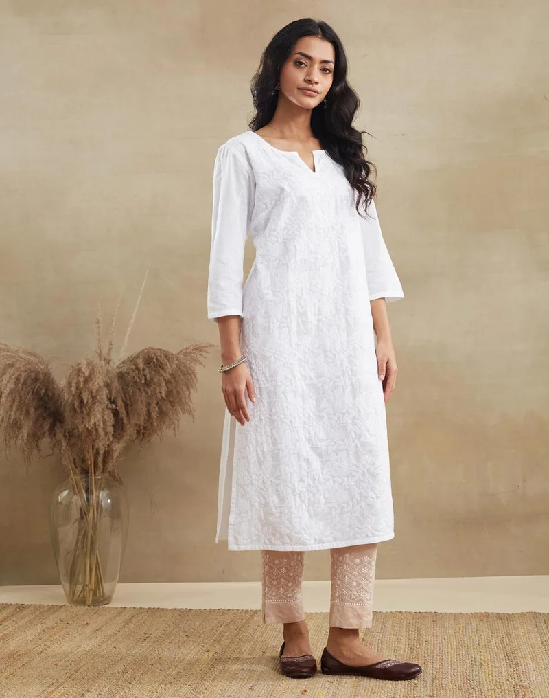 Fabindia  White Cotton Chikankari Long Kurta for Women | Best Price UAE