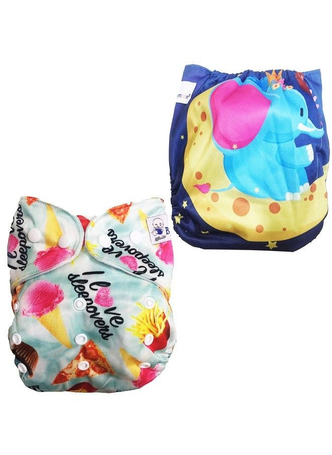 BabyMoon (Set Of 2) Reusable Cloth Diaper Premium Adjustable Size Waterproof Washable Pocket Cloth Diaper Nappie (Frenchfries & Moon Elephant)  - Image 2