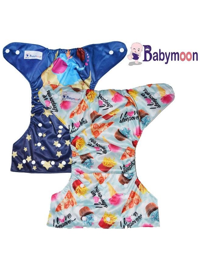 BabyMoon (Set Of 2) Reusable Cloth Diaper Premium Adjustable Size Waterproof Washable Pocket Cloth Diaper Nappie (Frenchfries & Moon Elephant)  - Image 5