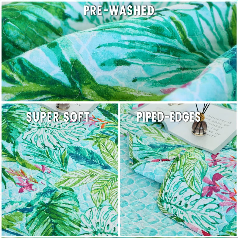 EVENHUG Cotton Quilt Set Queen Floral Reversible Bedspread Set Soft Brushed Bed Cover Lightweight Floral Quilted Bedding Set 1 Quilt with 2 Pillow Shams (Leaf  Queen) - Image 4