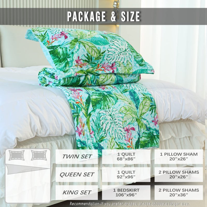 EVENHUG Cotton Quilt Set Queen Floral Reversible Bedspread Set Soft Brushed Bed Cover Lightweight Floral Quilted Bedding Set 1 Quilt with 2 Pillow Shams (Leaf  Queen) - Image 3