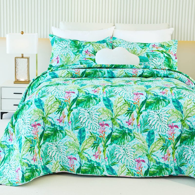 EVENHUG Cotton Quilt Set Queen Floral Reversible Bedspread Set Soft Brushed Bed Cover Lightweight Floral Quilted Bedding Set 1 Quilt with 2 Pillow Shams (Leaf  Queen) - Image 1