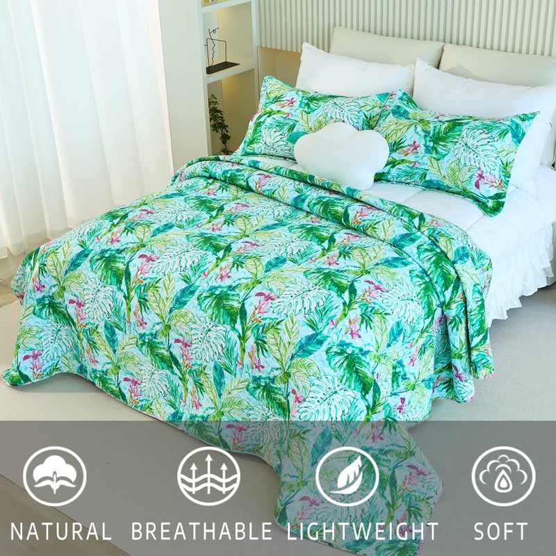 EVENHUG Cotton Quilt Set Queen Floral Reversible Bedspread Set Soft Brushed Bed Cover Lightweight Floral Quilted Bedding Set 1 Quilt with 2 Pillow Shams (Leaf  Queen) - Image 5