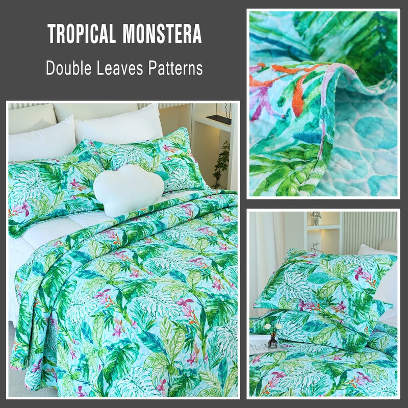 EVENHUG Cotton Quilt Set Queen Floral Reversible Bedspread Set Soft Brushed Bed Cover Lightweight Floral Quilted Bedding Set 1 Quilt with 2 Pillow Shams (Leaf  Queen) - Image 2