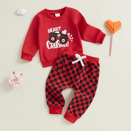 BeQeuewll Baby Boy Valentines Day Outfit Heart Lover Crusher Truck Valentine Sweatshirt Pants Set Toddler Boys Spring Outfits (Red, 6-12 Months) - Image 2