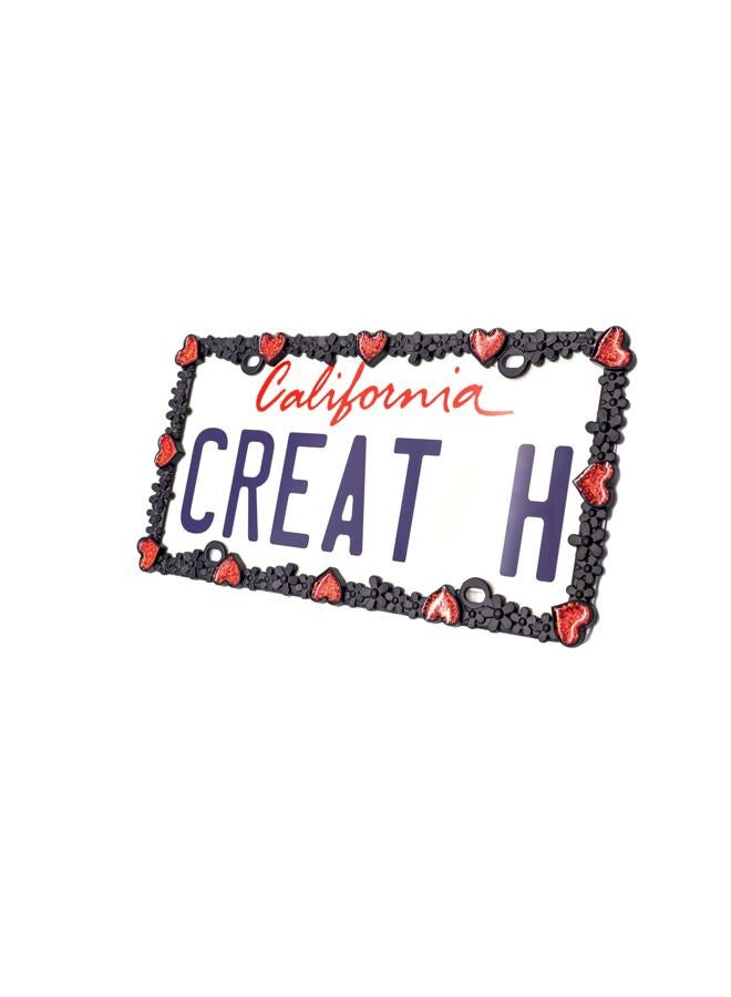 creathome 3D Shining Daisy Heart License Plate Frame from Pure Zinc Alloy Metal Perfect Plate Holder, Matt Black with Red Glitter, Luminously Heart - Image 2