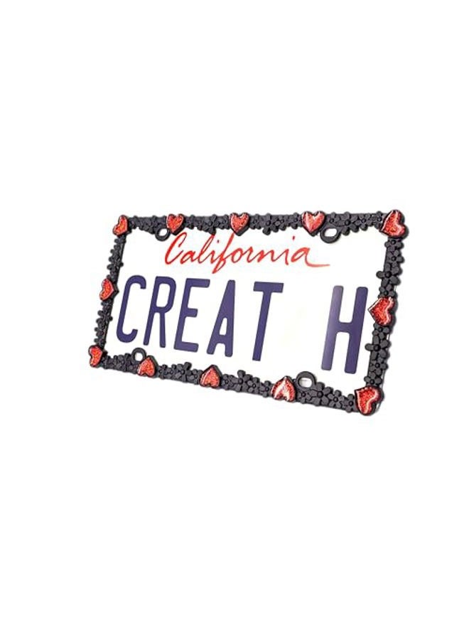 creathome 3D Shining Daisy Heart License Plate Frame from Pure Zinc Alloy Metal Perfect Plate Holder, Matt Black with Red Glitter, Luminously Heart - Image 1