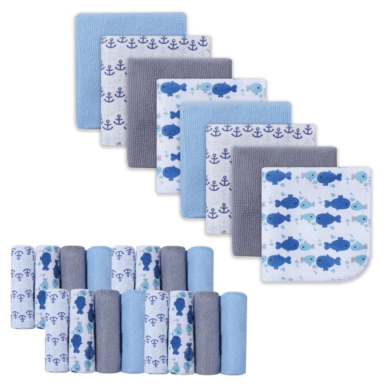 softan Baby Washcloths, 24Pack Baby Wash Cloths Extra Soft & Ultra Absorbent, Baby Towels and Washcloths Face Towel Unisex for Boys Girls Body, Washclothes Gentle on Sensitive Skin, 9x9 Whale & Anchor - Image 1