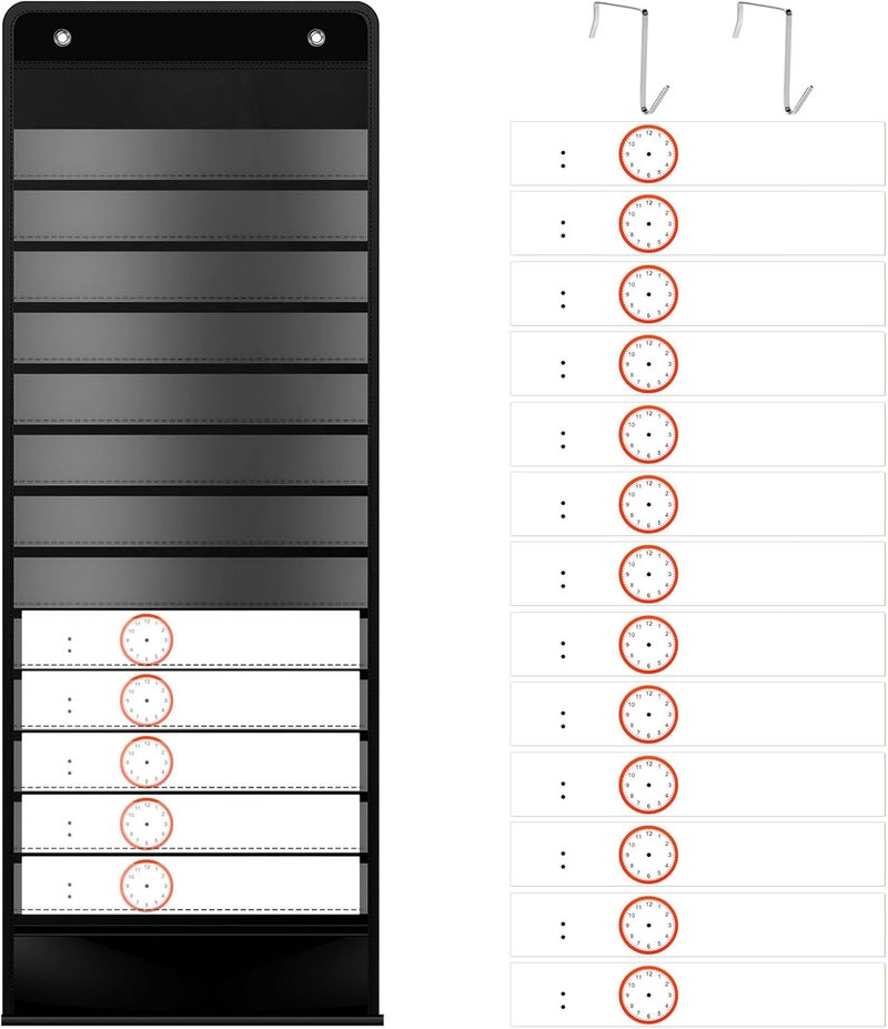 windforgecraft Daily Schedule Pocket Chart School Smart Pocket Chart 13+1 Pockets Scheduling Pocket Chart with Blank Cards Greenery Schedule Charts for Classroom Home Office Activities Decorate (Black) - Image 1