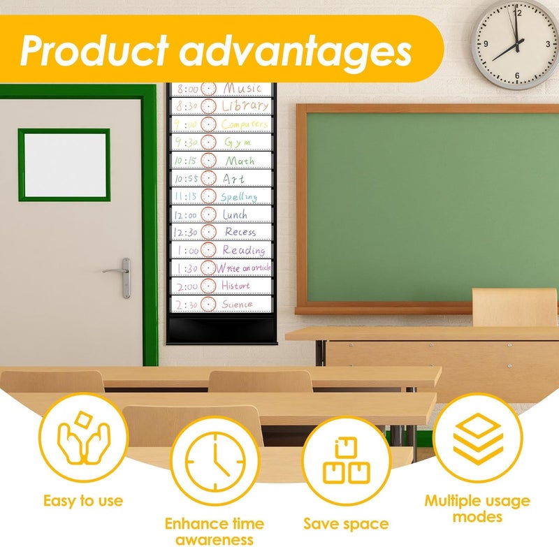 windforgecraft Daily Schedule Pocket Chart School Smart Pocket Chart 13+1 Pockets Scheduling Pocket Chart with Blank Cards Greenery Schedule Charts for Classroom Home Office Activities Decorate (Black) - Image 4