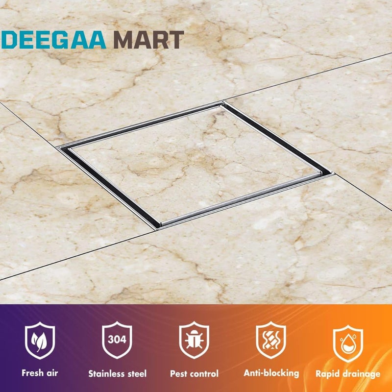 DEEGAA MART ديغا مارت مصفاة أرضية بمدخل بلاط 6 بوصة مع مصيدة صراصير مصفاة مربعة SS304 للحمام والشرفات 6 × 6 - Image 2