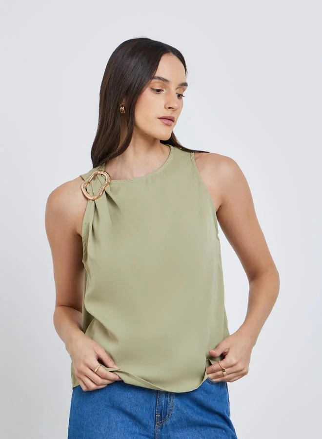 Styli Styli Green Sleeveless Blouse with Buckle Detail