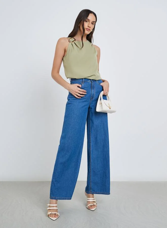 ستايلي Styli Green Sleeveless Blouse with Buckle Detail