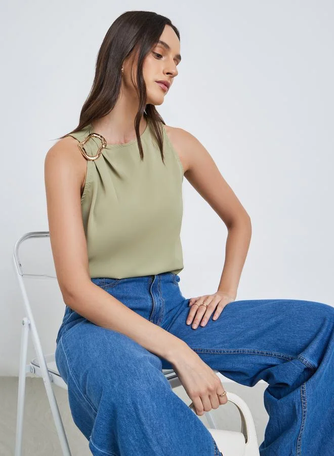ستايلي Styli Green Sleeveless Blouse with Buckle Detail