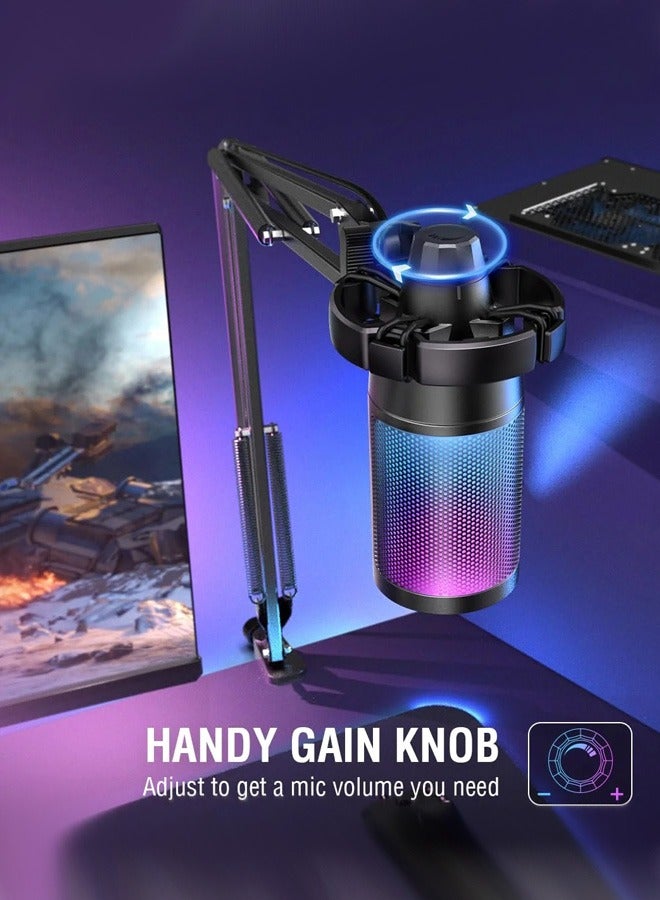 Gaming PC USB Microphone, Podcasting Condenser Microphone with Boom Arm, Pop Filter, Mute on for Streaming Online Chat, Computer Microphone for PC Gamers