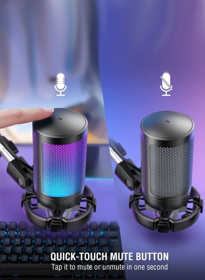 Gaming PC USB Microphone, Podcasting Condenser Microphone with Boom Arm, Pop Filter, Mute on for Streaming Online Chat, Computer Microphone for PC Gamers