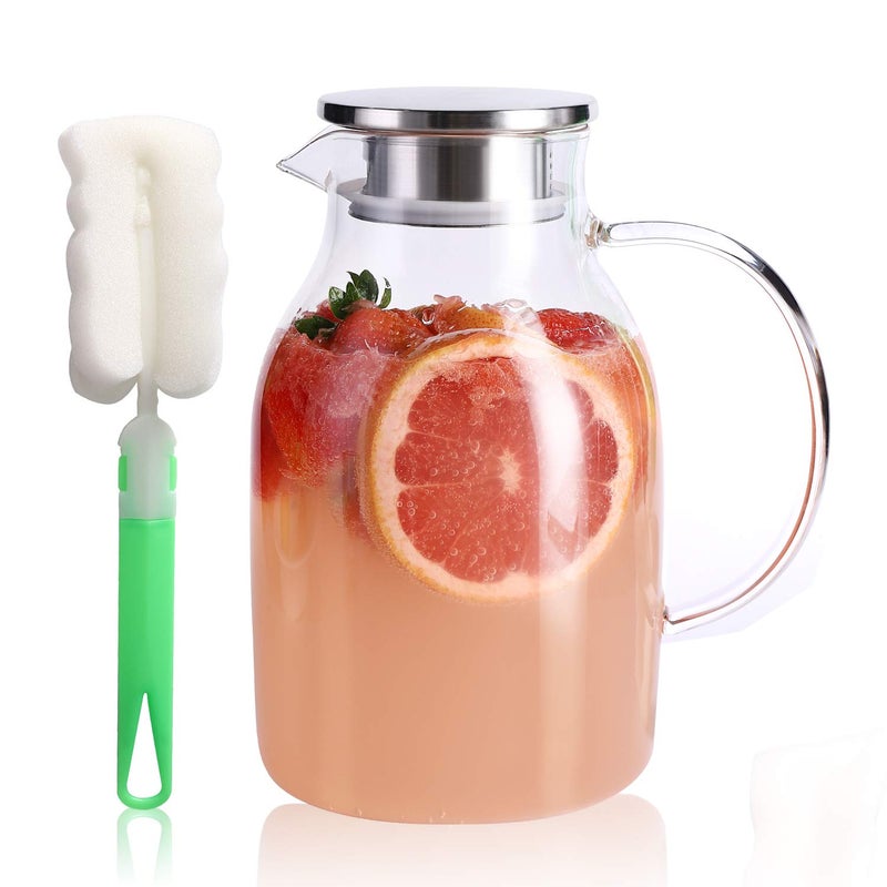Kanwone 75oz Glass Pitcher with Stainless Steel Lid and Spout Heat Resistant Borosilicate Glass Water Carafe for Sun Tea Lemonade Homemade Juice Milk or Hot Beverages