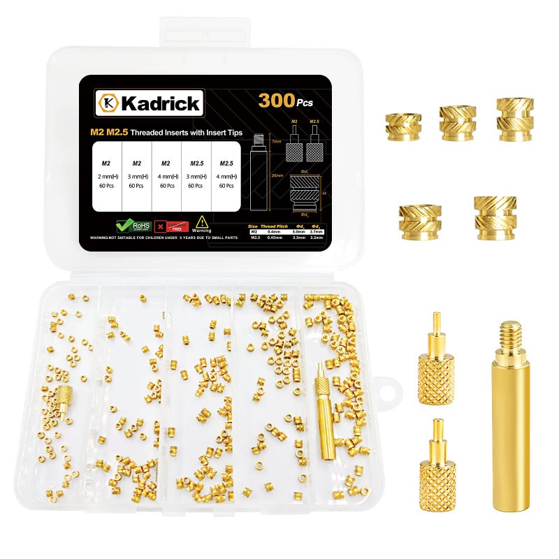 Kadrick 300 Pcs M2 M2.5 Threaded Inserts For Plastic With Heat Set Tips M2 & M2.5 Heat Set Inserts Kit Brass Inserts For 3D Pringting - Image 1