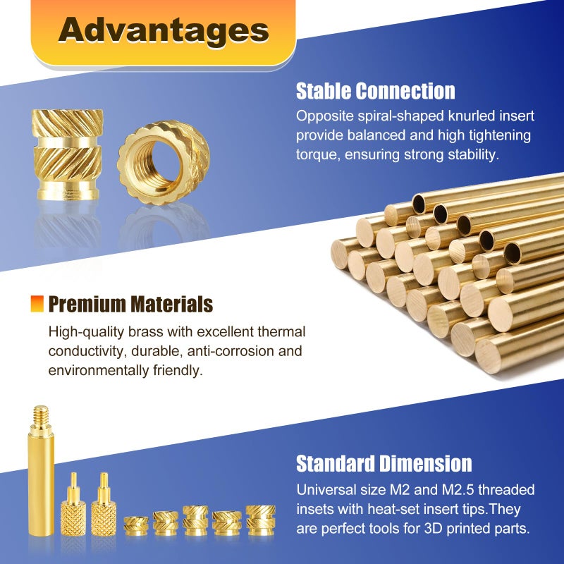 Kadrick 300 Pcs M2 M2.5 Threaded Inserts For Plastic With Heat Set Tips M2 & M2.5 Heat Set Inserts Kit Brass Inserts For 3D Pringting - Image 5