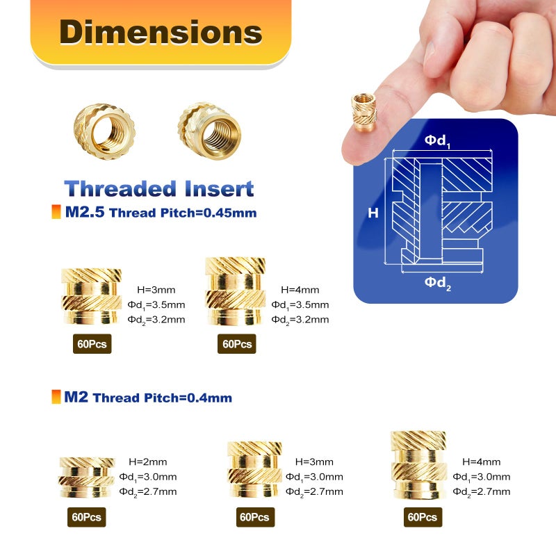 Kadrick 300 Pcs M2 M2.5 Threaded Inserts For Plastic With Heat Set Tips M2 & M2.5 Heat Set Inserts Kit Brass Inserts For 3D Pringting - Image 3