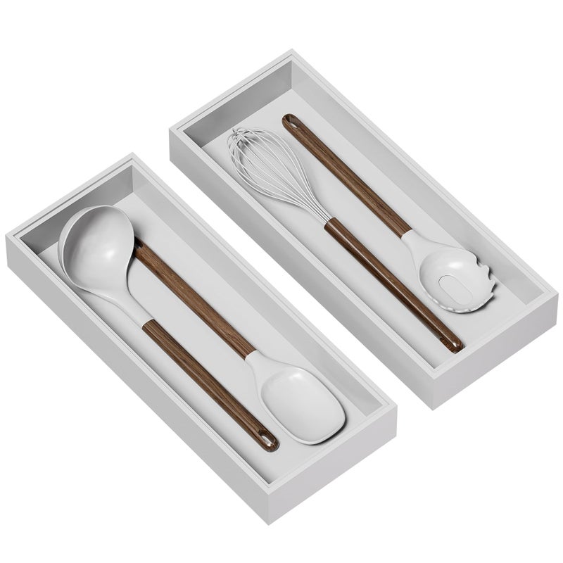 Lixple Kitchen Drawer Organizer - 2 Pack, Stackable Bamboo Drawer Organizers, Wooden Storage Box Tray for Cabinet, Pantry, Bathroom Countertop, Multi-use Organization and Storage (White) - Image 1
