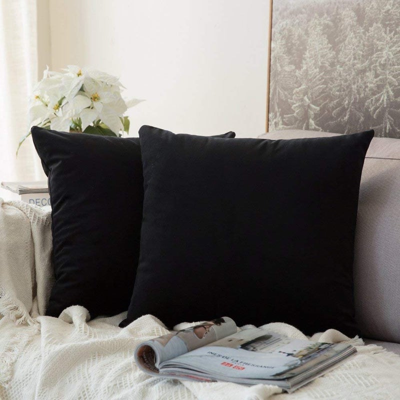 MIULEE Pack of 2 Velvet Pillow Covers Decorative Square Pillowcase Soft Solid Cushion Case for Sofa Bedroom Car 24 x 24 Inch 60 x 60 cm Black