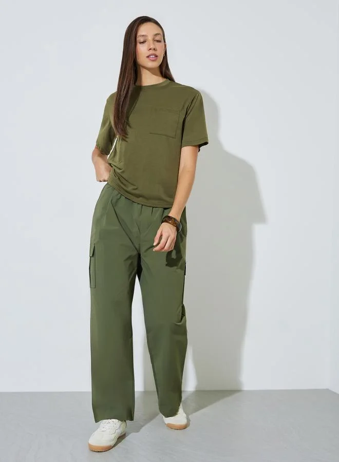 Styli Olive Plain Round Neck T-Shirt with Pocket