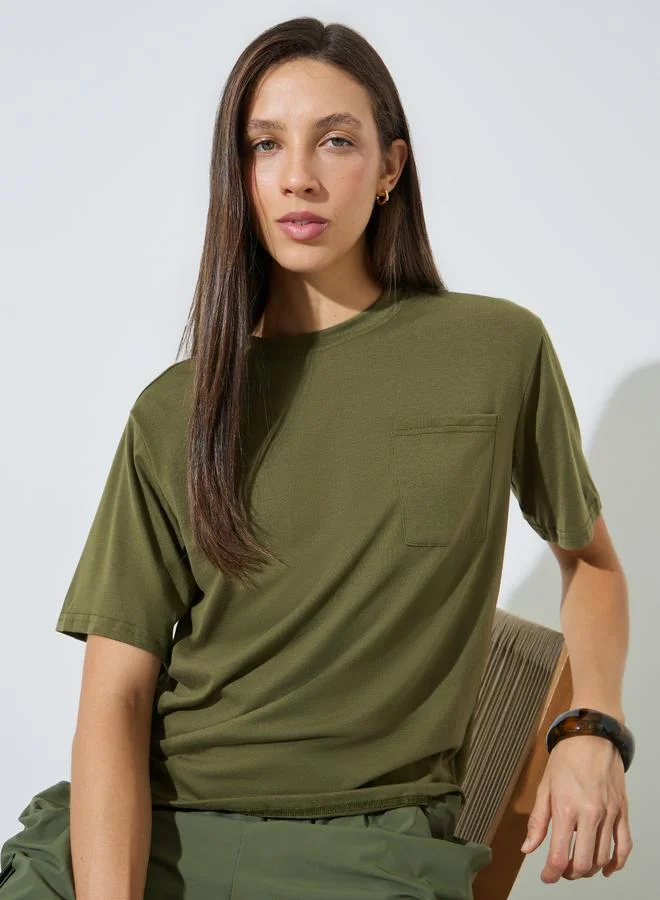 Styli Olive Plain Round Neck T-Shirt with Pocket