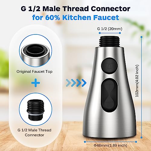 Ifaucet استبدال رأس صنبور المطبخ 3 أوضاع مع 17 محول، رأس رش قابل للسحب لصنبور المطبخ، رأس صنبور حوض المطبخ G 1/2، استبدال رأس الرش، متوافق مع صنابير موين، دلتا، كوهلر - Image 4