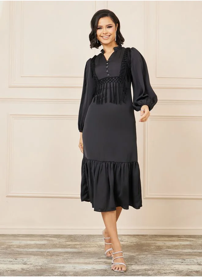 Styli Tassel Detail Notch Neck A-line Midi Dress
