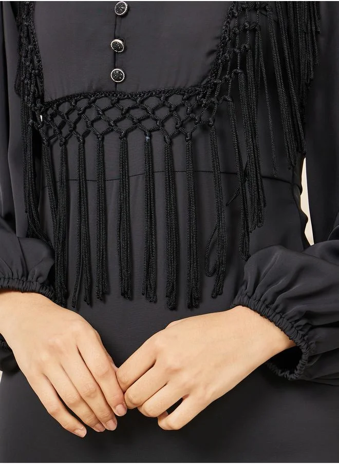Styli Tassel Detail Notch Neck A-line Midi Dress