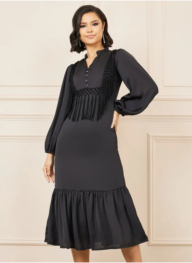 Styli Tassel Detail Notch Neck A-line Midi Dress