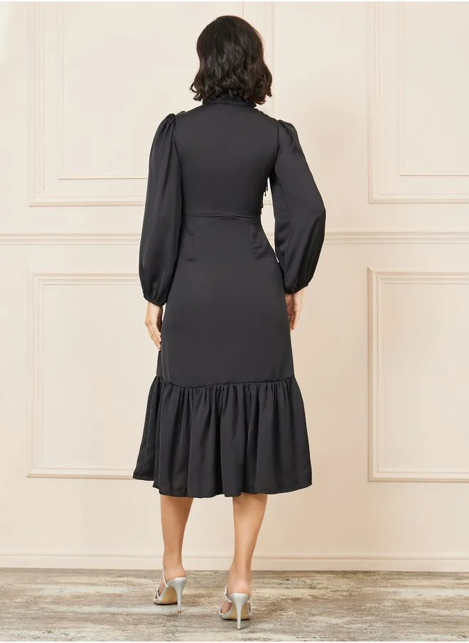 Styli Tassel Detail Notch Neck A-line Midi Dress