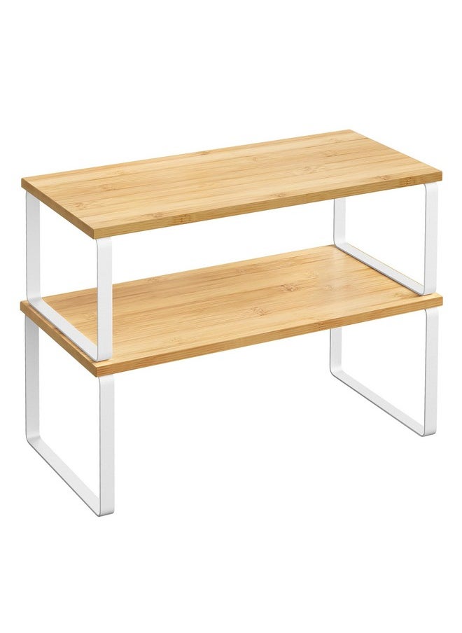 SONGMICS SONGMICS Cabinet Organizer Shelf, Set of 2 Kitchen Counter Shelves, Kitchen Storage, Spice Rack, Stackable, Expandable, Metal and Engineered Wood, Cloud White and Natural Beige UKCS200W01  - Image 1