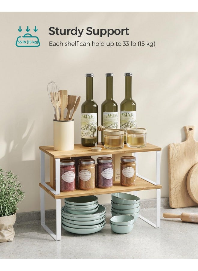SONGMICS SONGMICS Cabinet Organizer Shelf, Set of 2 Kitchen Counter Shelves, Kitchen Storage, Spice Rack, Stackable, Expandable, Metal and Engineered Wood, Cloud White and Natural Beige UKCS200W01  - Image 4