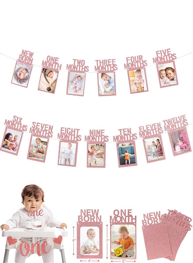 Quantum Photo Banner, Picture Banner Decoration Monthly Milestone Bunting Garland, 1st Birthday Banner with Frame for Girls Boys Celebration (Pink) - Image 1