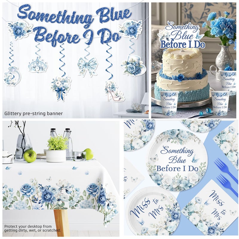 Xynic 171pcs Something Blue Before I Do Bridal Shower Decorations, with Pre-threaded Banner 40 Thickened Plates and 2 Tablecloths, 20-pack Disposable Paper Tableware for Blue Bridal Shower - Image 2