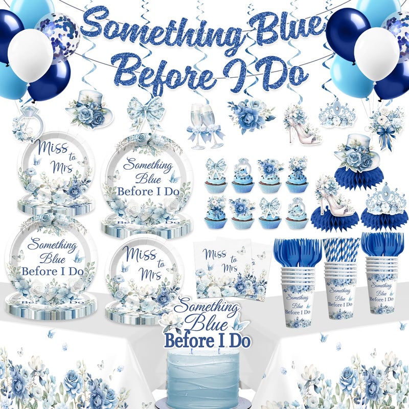 Xynic 171pcs Something Blue Before I Do Bridal Shower Decorations, with Pre-threaded Banner 40 Thickened Plates and 2 Tablecloths, 20-pack Disposable Paper Tableware for Blue Bridal Shower - Image 1