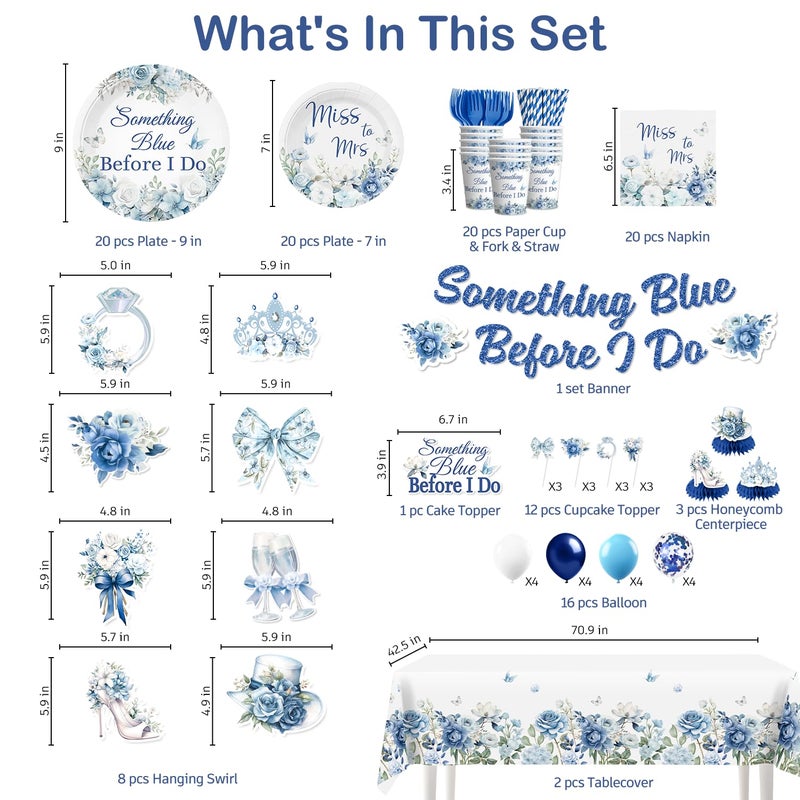 Xynic 171pcs Something Blue Before I Do Bridal Shower Decorations, with Pre-threaded Banner 40 Thickened Plates and 2 Tablecloths, 20-pack Disposable Paper Tableware for Blue Bridal Shower - Image 3