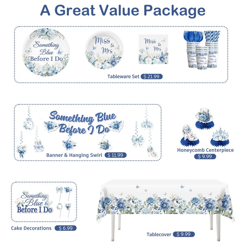 Xynic 171pcs Something Blue Before I Do Bridal Shower Decorations, with Pre-threaded Banner 40 Thickened Plates and 2 Tablecloths, 20-pack Disposable Paper Tableware for Blue Bridal Shower - Image 4