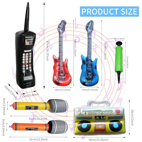 YIHAOSSING 80s 90s Theme Party Decorations Includes a Boom box Inflatable Cell Phone 2 Microphones2 Inflatable Guitar and a Hand Pump for Hip Hop Party Theme Supplies Cosplay Props 7pcs - Image 5