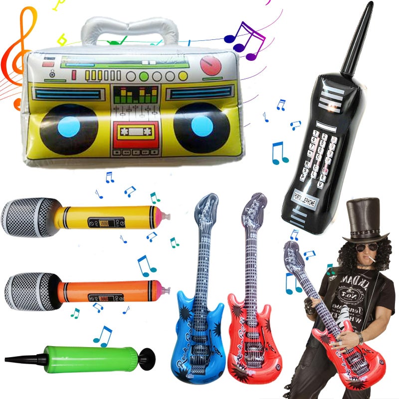 YIHAOSSING 80s 90s Theme Party Decorations Includes a Boom box Inflatable Cell Phone 2 Microphones2 Inflatable Guitar and a Hand Pump for Hip Hop Party Theme Supplies Cosplay Props 7pcs - Image 3