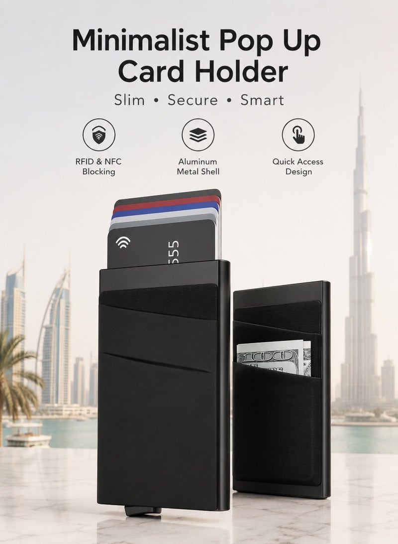NIIMBOT Card Holder Wallet, Minimalist Pop up Wallet for Men Blocking Slim Business Credit Card Wallet with Money Pocket Aluminum Metal Bank Card Case Black Design for Cash Coins & Credit Cards - Image 2
