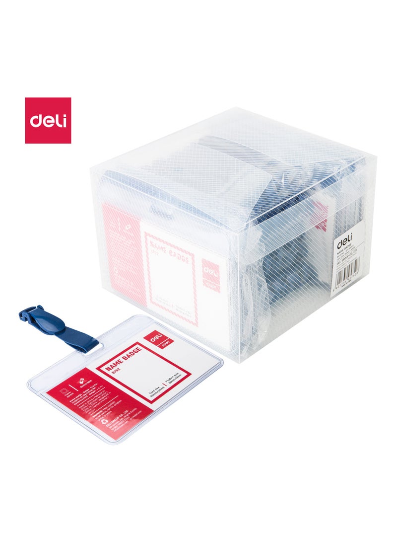 Deli شارة اسم دلي E5752 من PVC مع مشبك أزرق PP - حامل بطاقة هوية شفاف للمكتب والفعاليات والمؤتمرات - 50 قطعة/صندوق PP