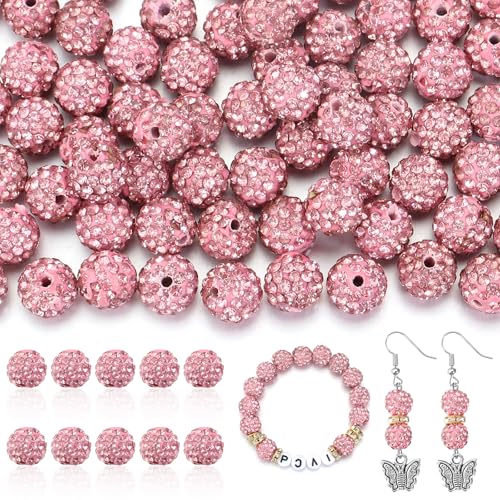Yumttero 100Pcs Rhinestone Beads 10mm for Jewelry Making Shiny Round Shamballa Disco Beads Bling Sparkle Rhinestone Clay Beads for Necklace Bracelet Earring Making and DIY DecorationPink - Image 1