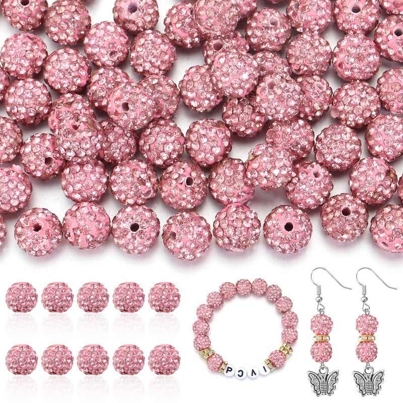 Yumttero 100Pcs Rhinestone Beads 10mm for Jewelry Making Shiny Round Shamballa Disco Beads Bling Sparkle Rhinestone Clay Beads for Necklace Bracelet Earring Making and DIY DecorationPink - Image 3