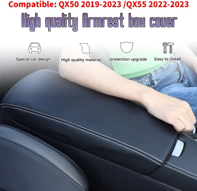 Bmolpt إكسسوارات داخلية مخصصة لسيارات إنفينيتي QX50 للأعوام 2019–2023: غطاء لصندوق المسند الأوسط المصنوع من الجلد، ووسادة للمسند، ووسادة واقية للمسند الأوسط (بتصميم من الألياف الكربونية). - Image 3