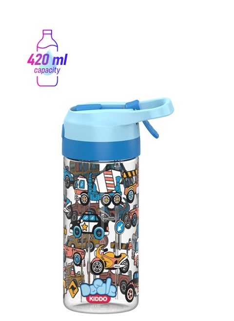 Cars & Trucks Plastic Water Bottle with Refreshing Water Spray Technology - 420ML, Leakproof, Push Button Open, Sipper Spout