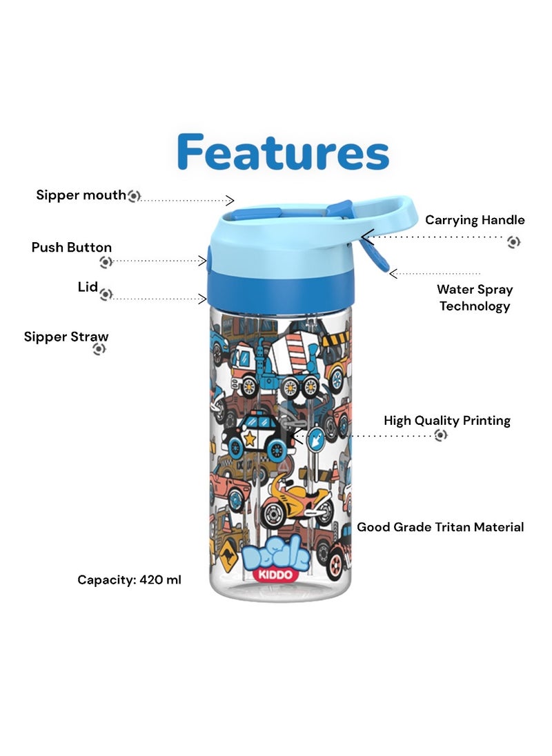 Cars & Trucks Plastic Water Bottle with Refreshing Water Spray Technology - 420ML, Leakproof, Push Button Open, Sipper Spout